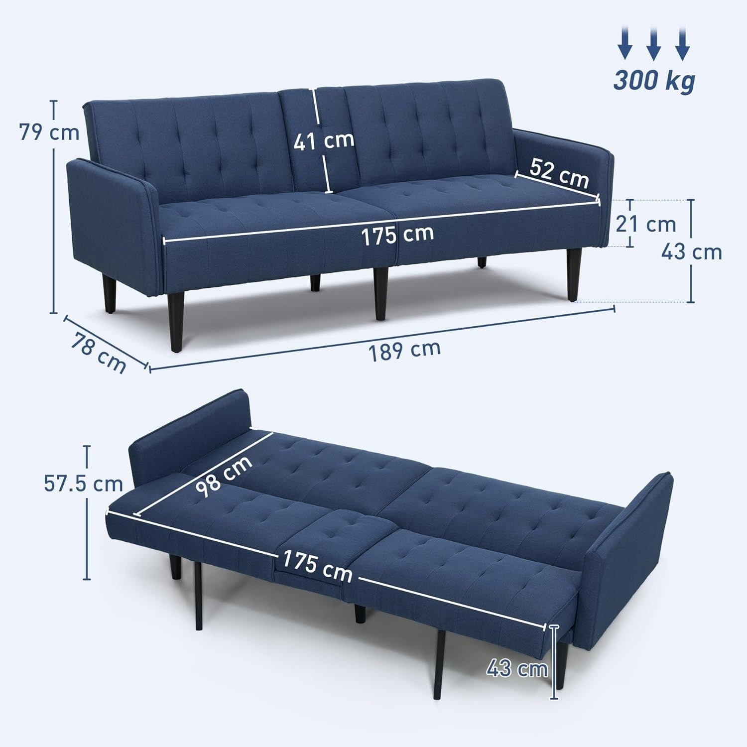 Click Clack Sofa Bed 3 Seater Dark Blue Linen Couch w/ Cup Holders