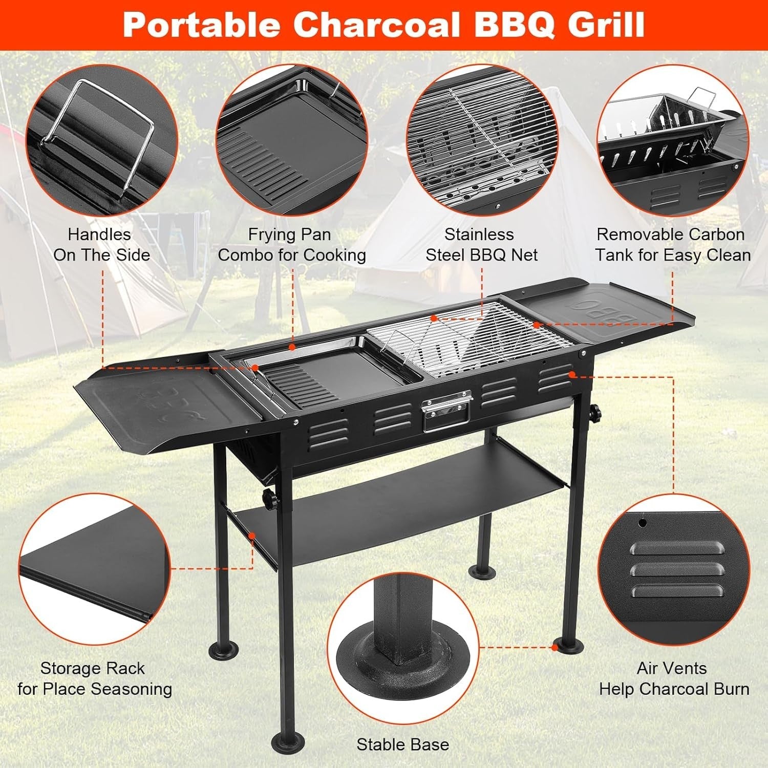 Portable Charcoal BBQ Grill with Storage Shelf Adjustable Height Outdoor Camping