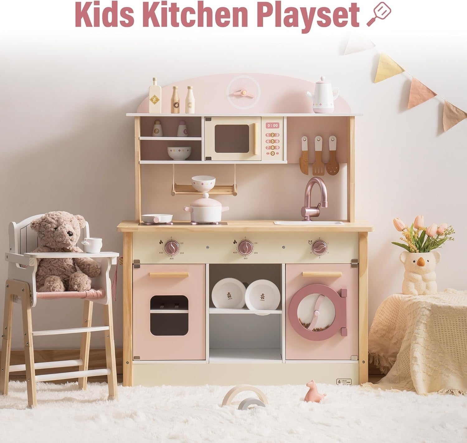 Wooden Kids Play Kitchen Pink w/ Accessories Oven Tea Set Toy