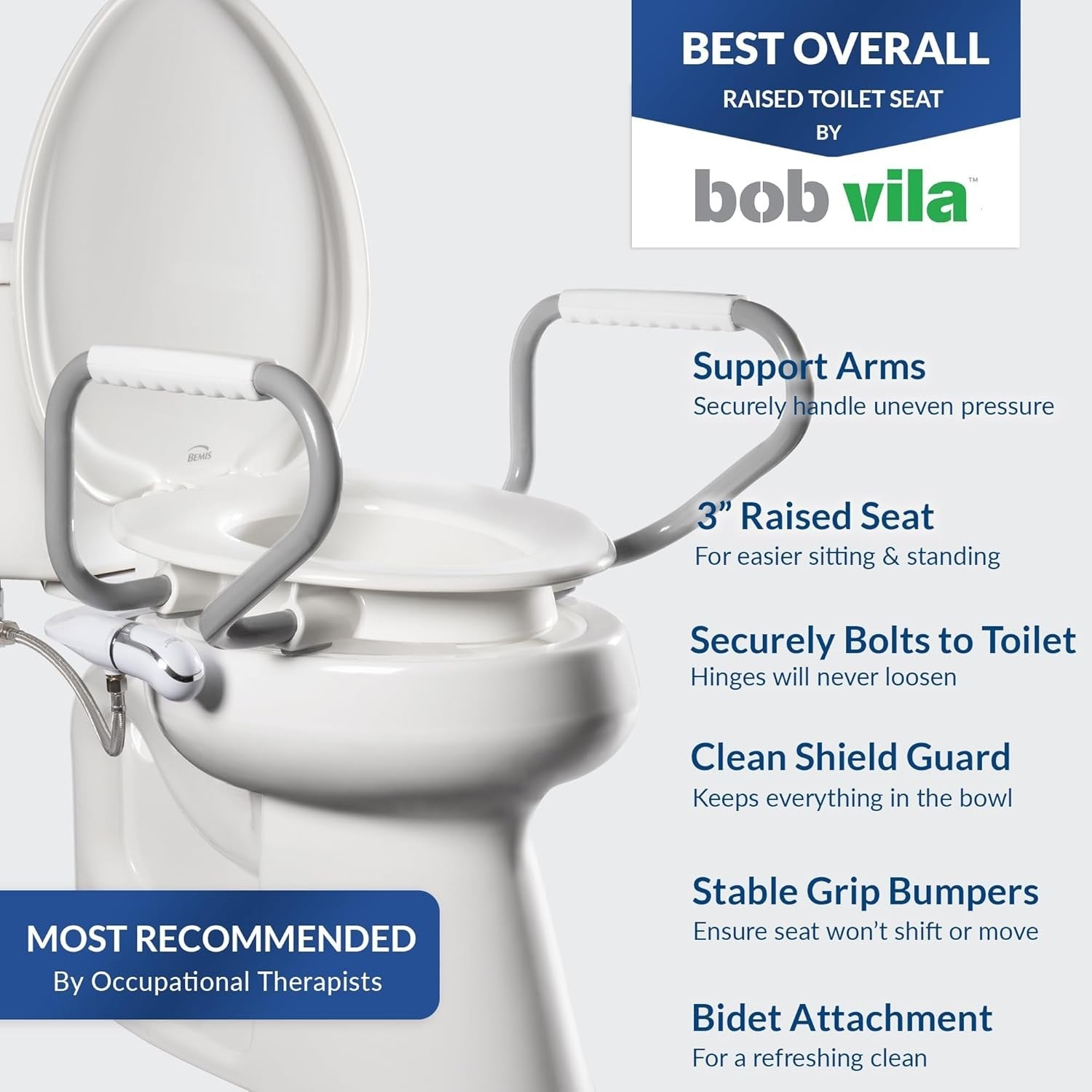 3" Raised Toilet Seat Bundle with Support Arms & Bidet Easy Install White