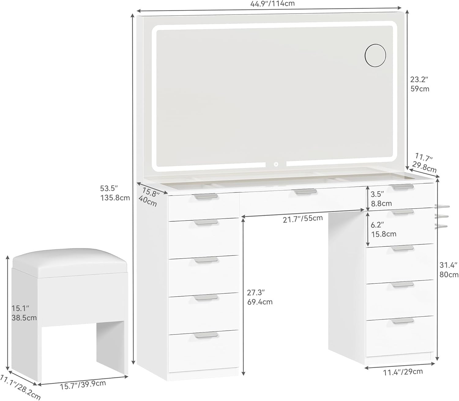 Makeup Vanity Table Glass Top 11-Drawer LED Mirror USB Charging Station White