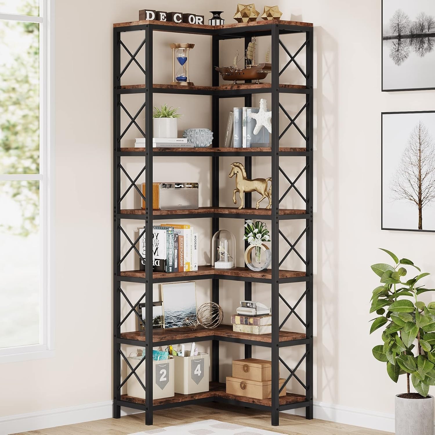 Tall 7-Tier Corner Bookshelf | 200cm Rustic Wood & Metal Display Storage Unit