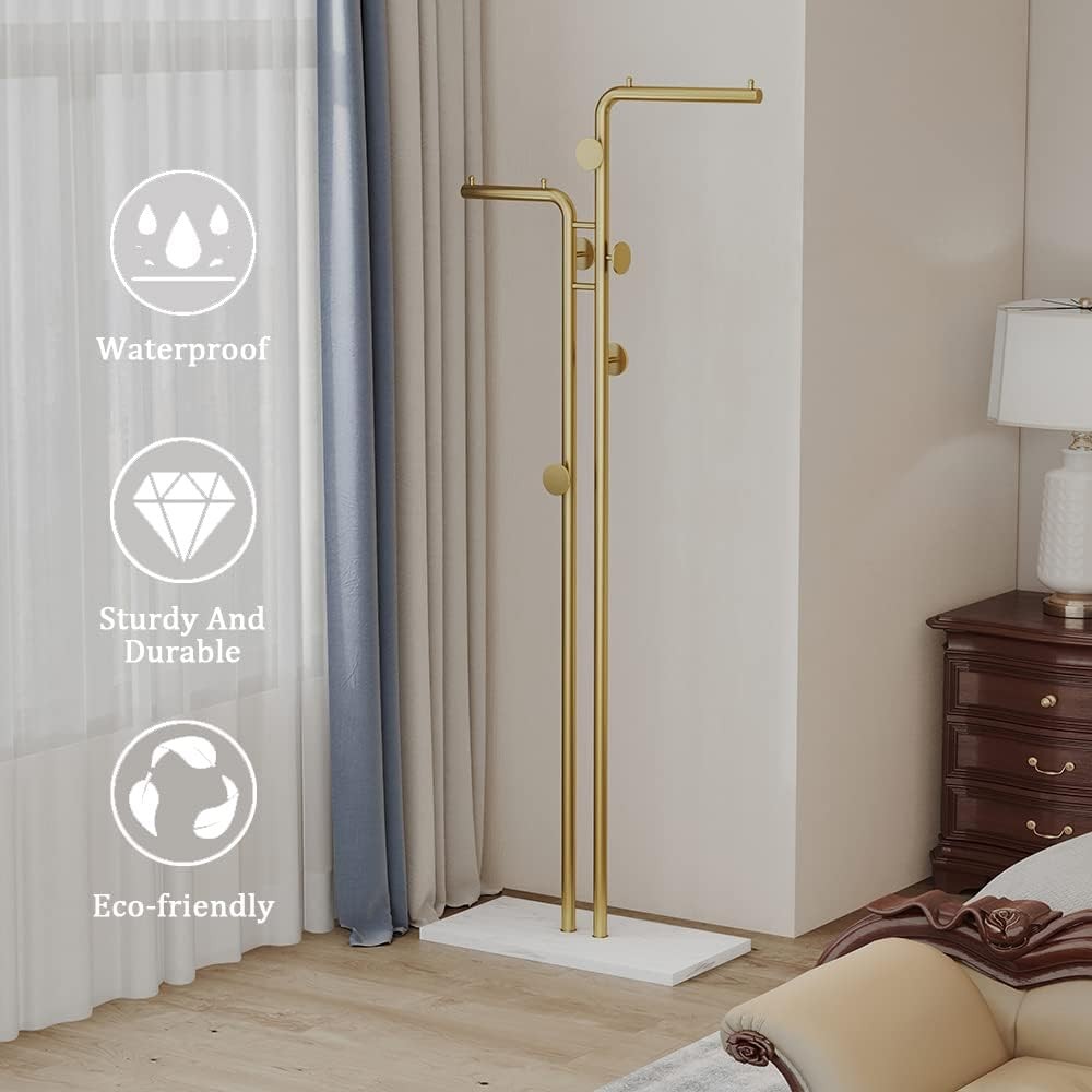 Gold Double Pole Coat Rack Freestanding with Marble Base 5 Hooks Modern