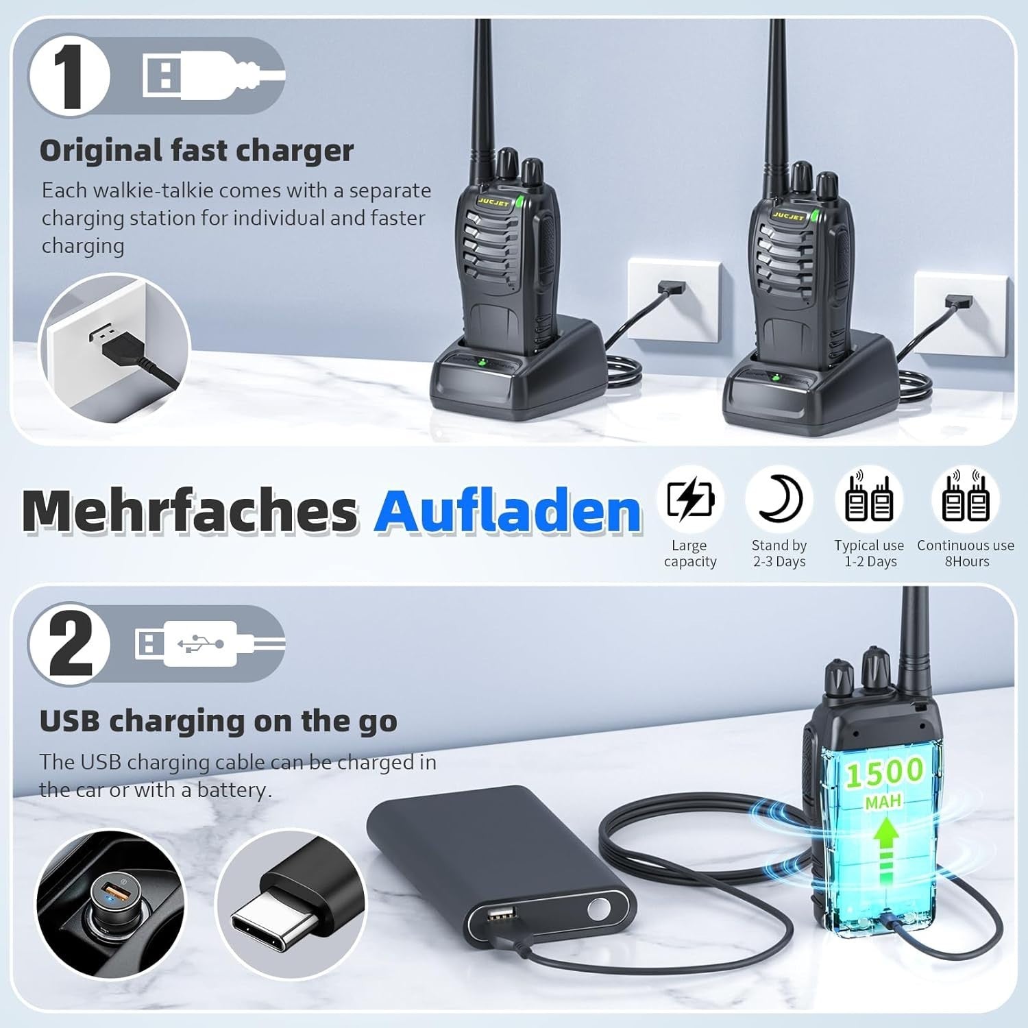 888HD Walkie Talkies 2 Pack 16CH Long Range UHF 2 Way Radios