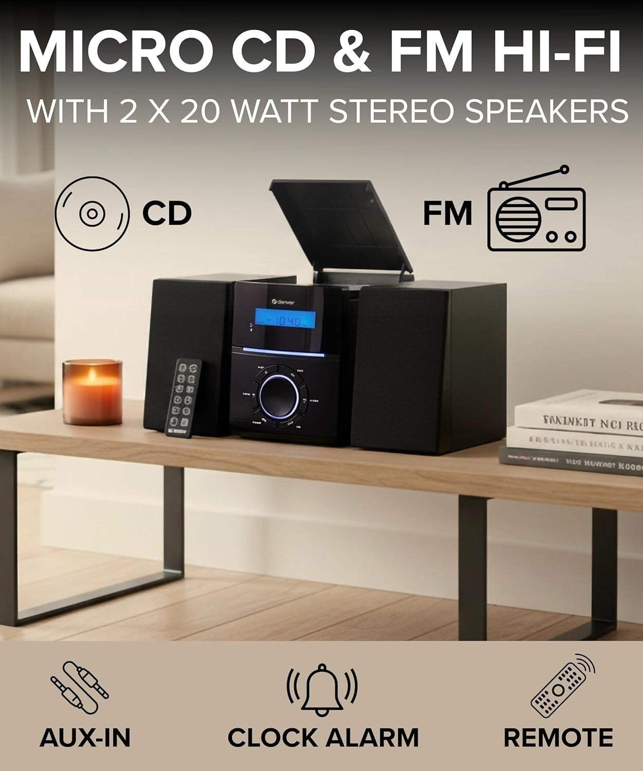 Compact Micro HiFi System CD Player FM Radio Alarm Clock AUX Input Home Audio