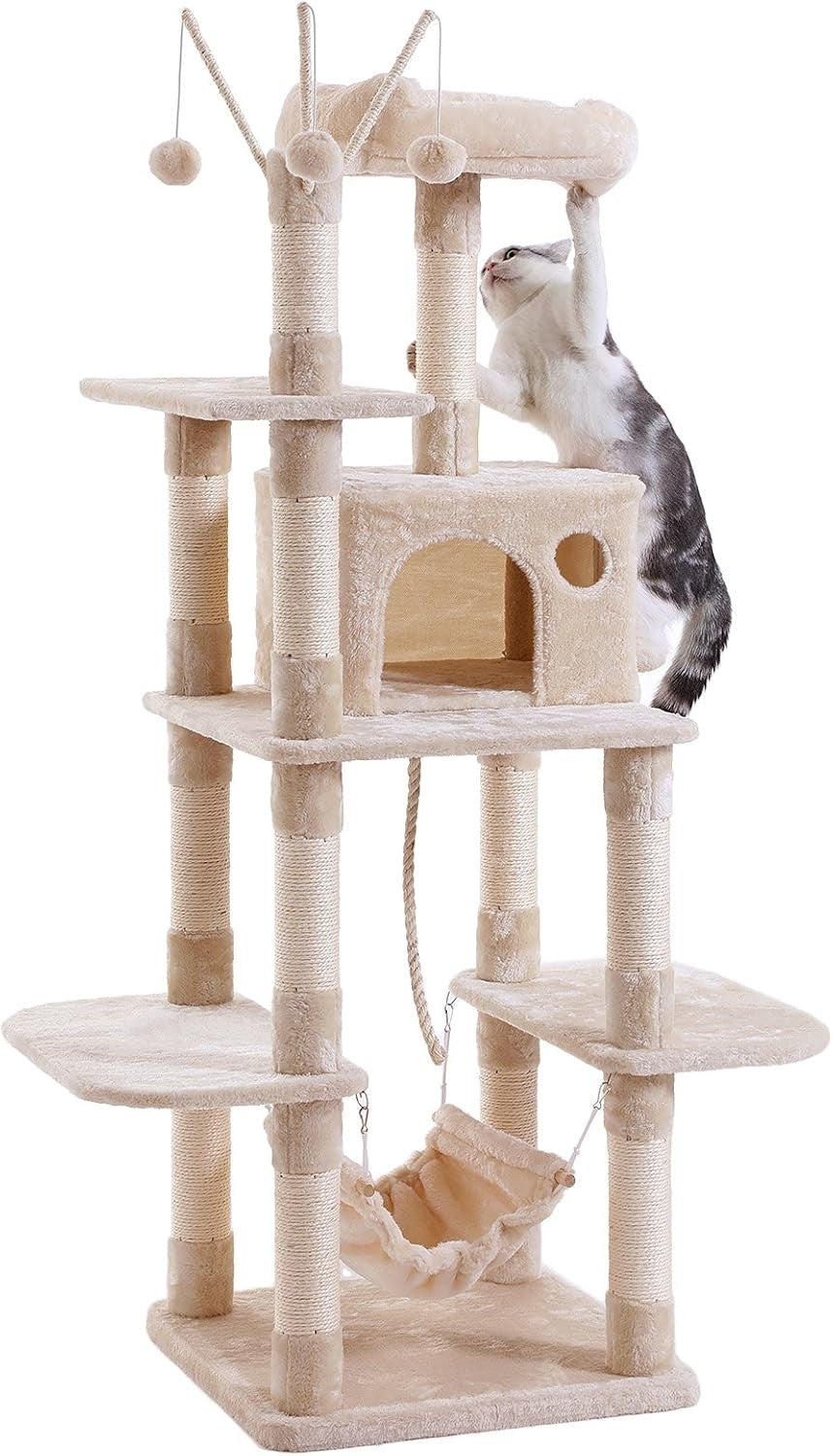 Large Cat Tree Tower with Hammock Condo Scratching Posts 154cm Beige