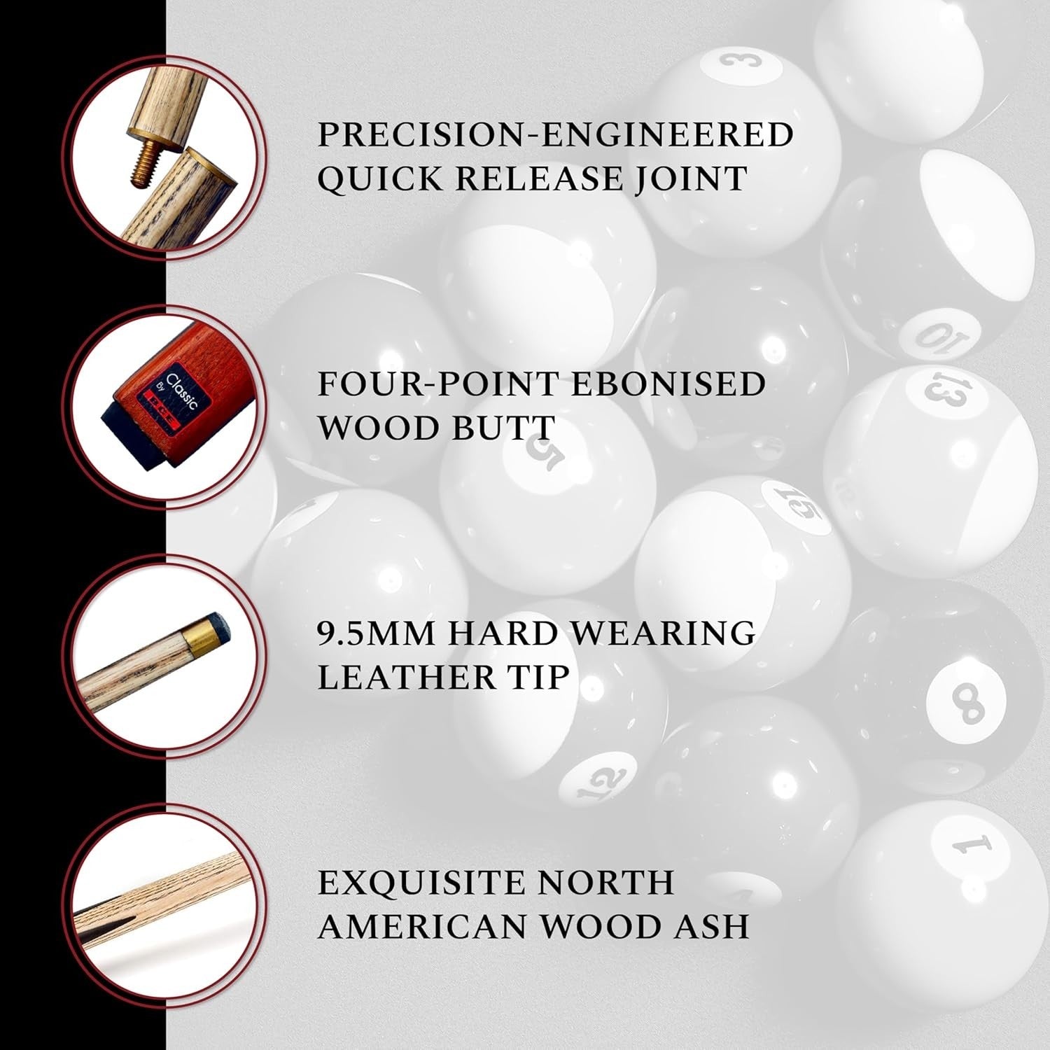 145cm 2 Piece Ash Snooker Cue 9.5mm Tip Classic Four Point