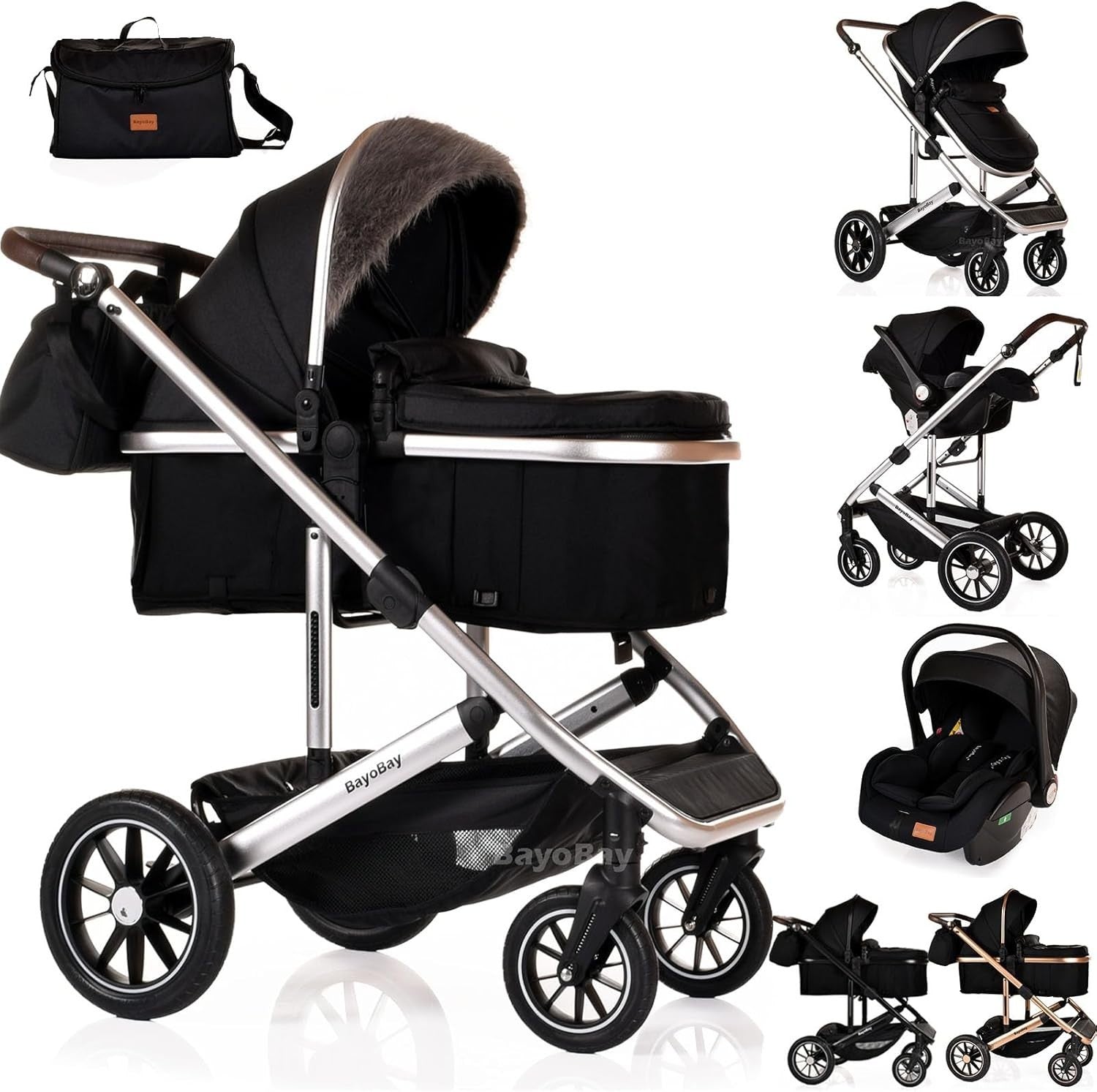 3 in 1 Baby Pram Travel System Pushchair Car Seat From Birth to 22kg