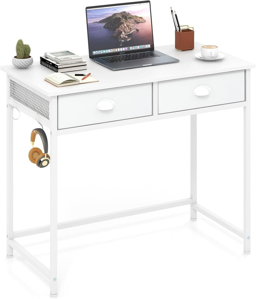 Computer Desk with Drawers White Home Office Study Table Hooks Storage