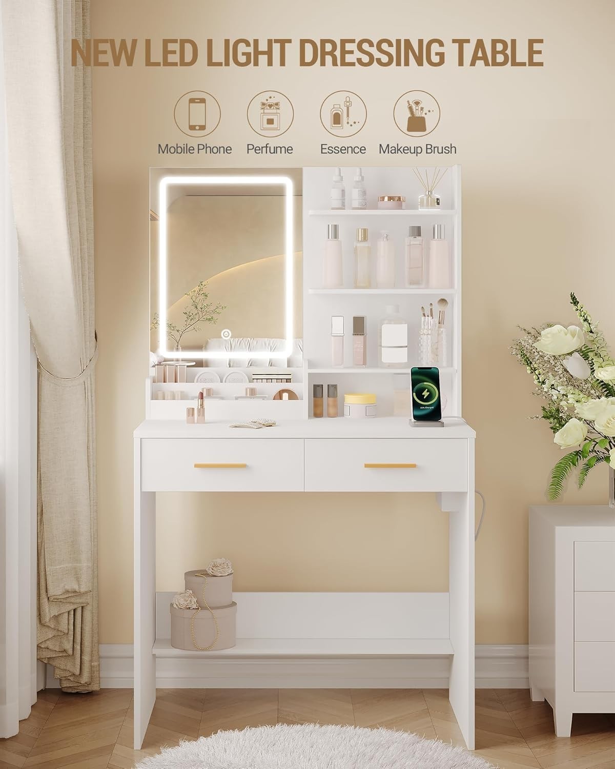 White Vanity Desk with LED Mirror & Charging Station Makeup Table Storage