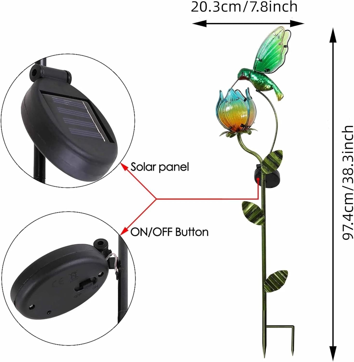 Solar Hummingbird & Tulip Garden Light Glass LED Outdoor Yard Stake Decor 97cm