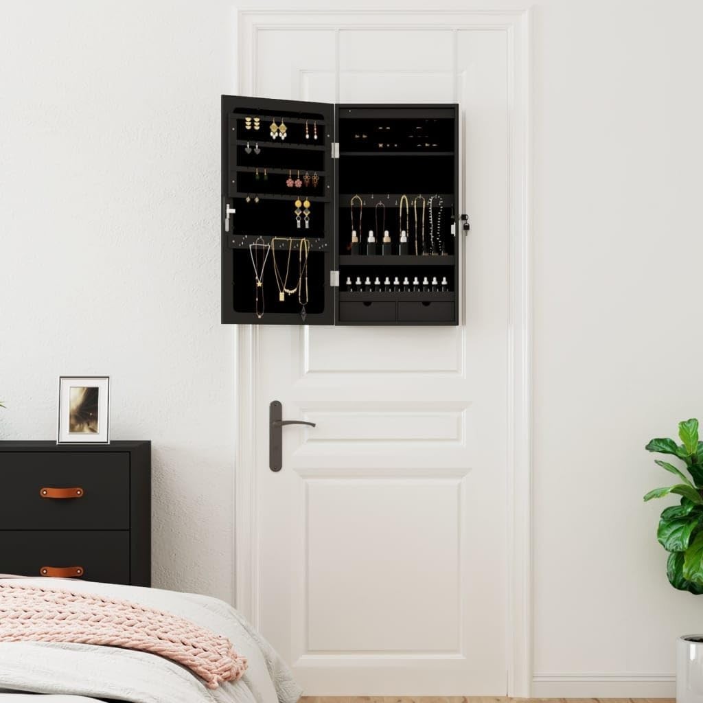 LED Jewelry Cabinet Mirror Lockable Wall or Door Mount Organizer Black