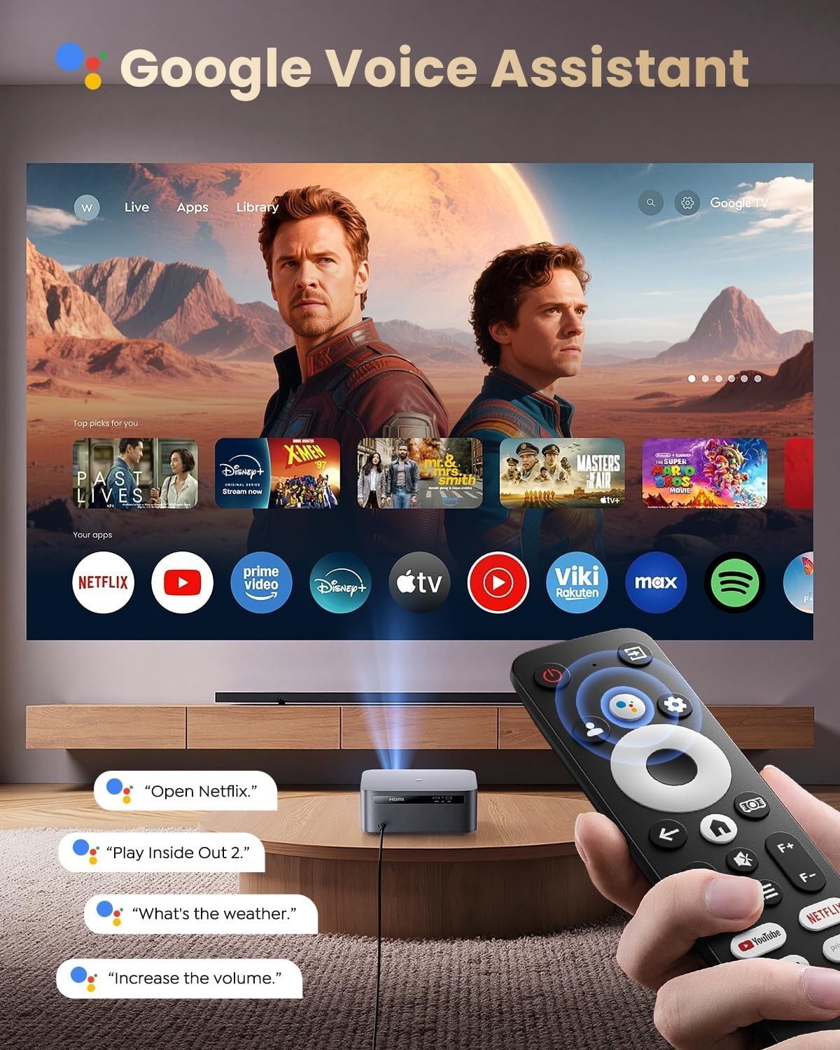 1200 ANSI Smart Projector 1080P 4K Google TV WiFi 6 Bluetooth Netflix