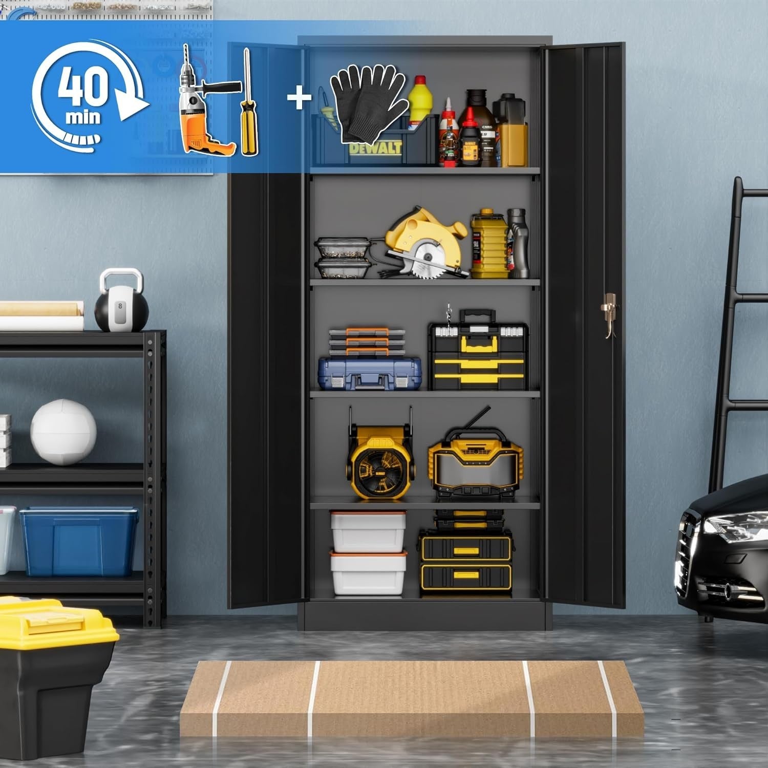 Steel Storage Cabinet 2 Door 4 Adjustable Shelves 180cm Tall Secure Organizer