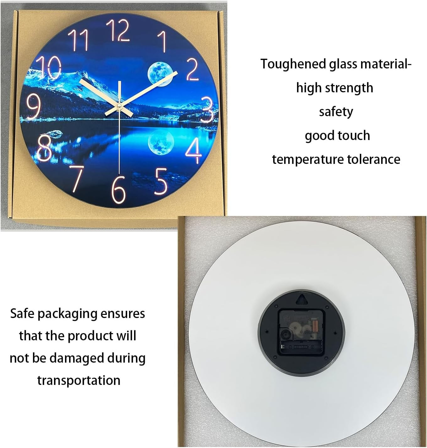 Blue Moon 12" Glass Wall Clock Silent Non-Ticking Modern Bedroom Decor