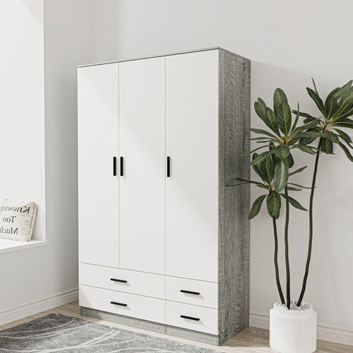 3 Door 4 Drawer Wardrobe Hanging Rail Storage Ash Grey & White Bedroom