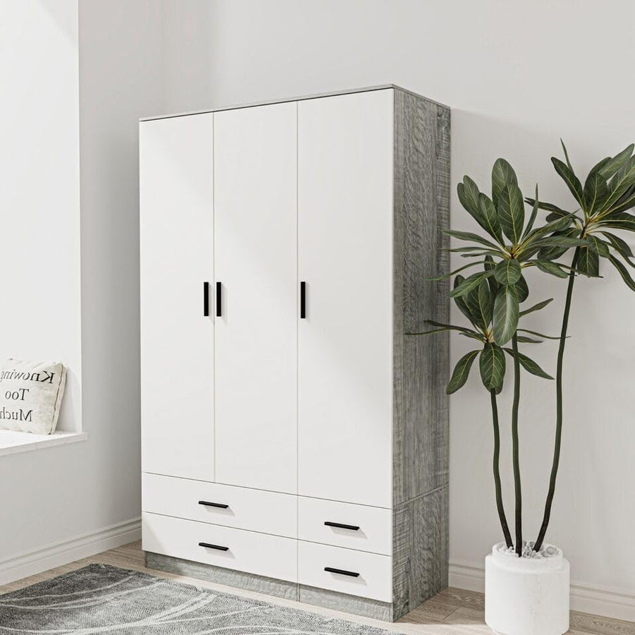 3 Door 4 Drawer Wardrobe Hanging Rail Storage Ash Grey & White Bedroom