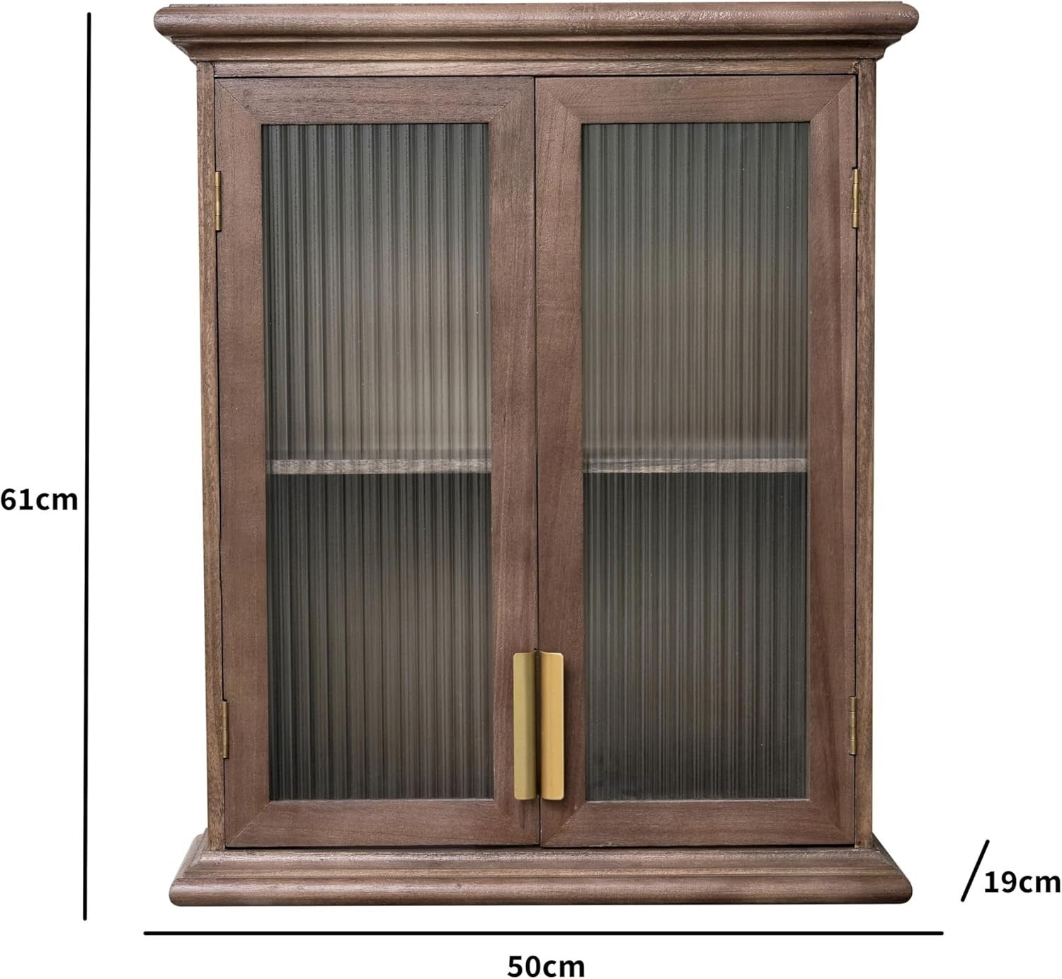 Rustic Wooden Glass Wall Cabinet with Reeded Doors & Gold Handles - 50x61x19cm