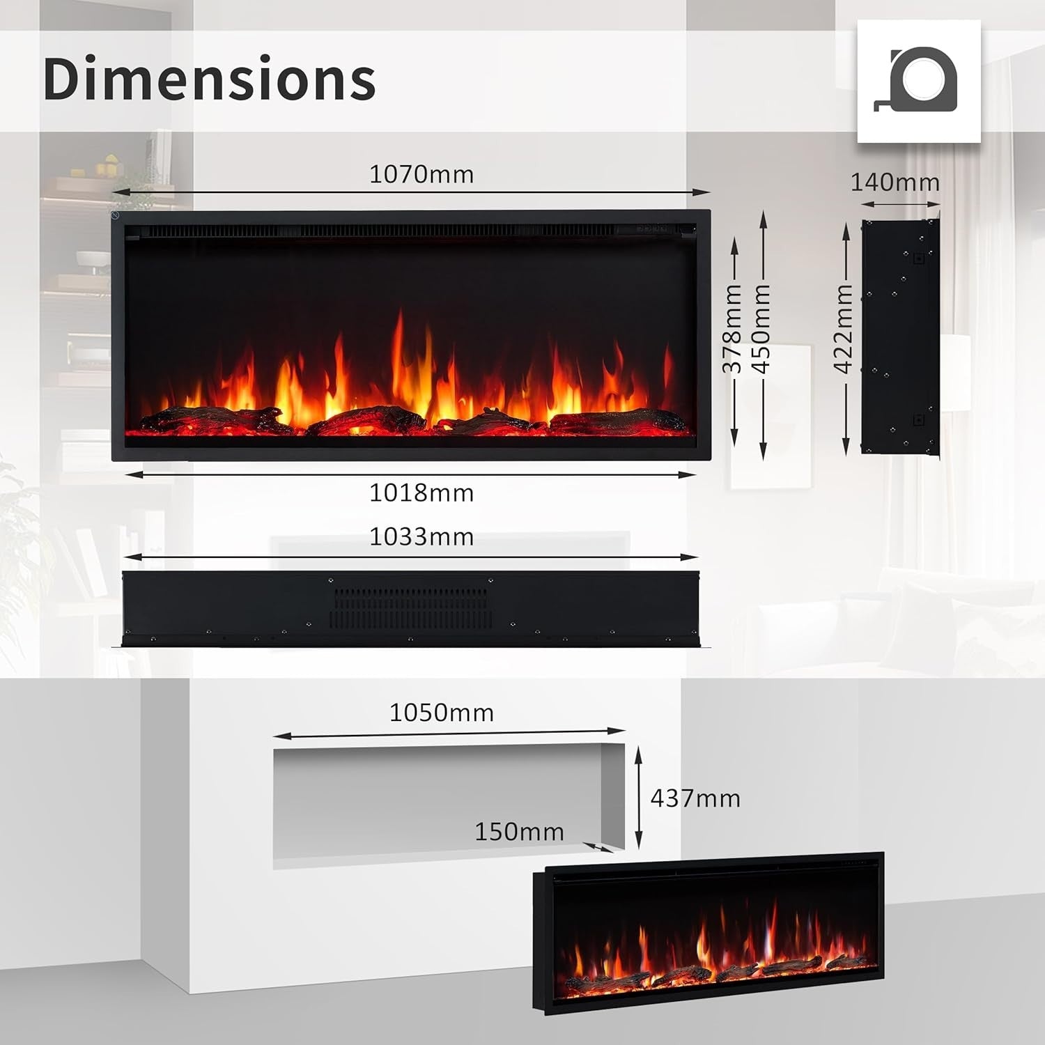 42” Recessed Wall Mounted Electric Fireplace LED Flame Heater Remote