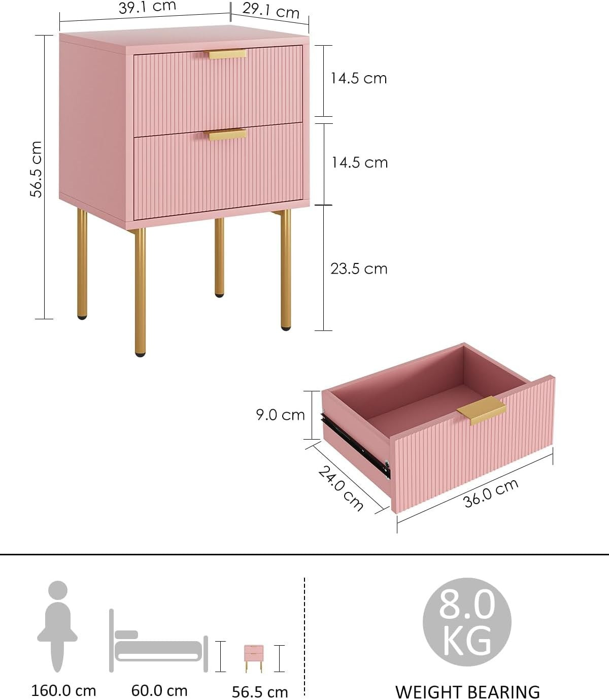 Modern Pink Bedside Table with 2 Drawers & Gold Legs | Wooden Nightstand