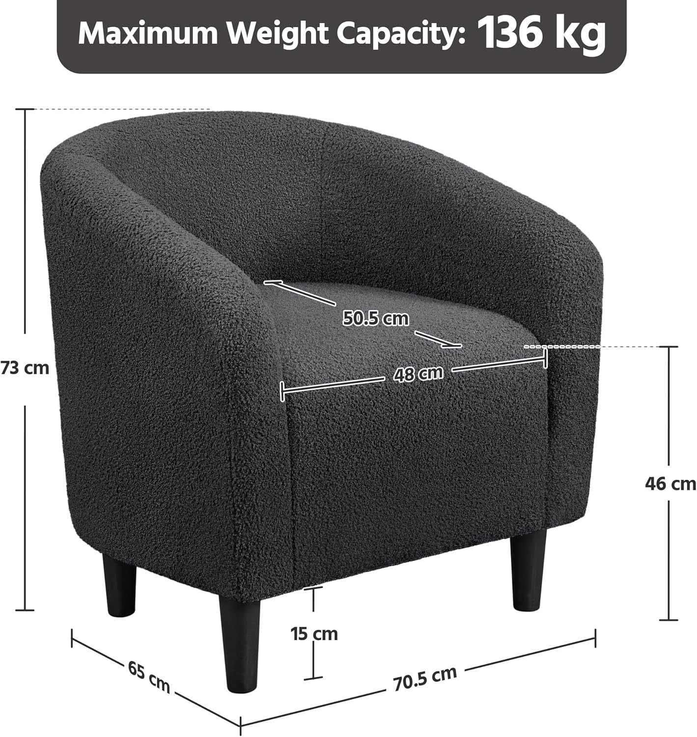 Dark Grey Boucle Tub Chair | Compact Accent Armchair for Living & Office