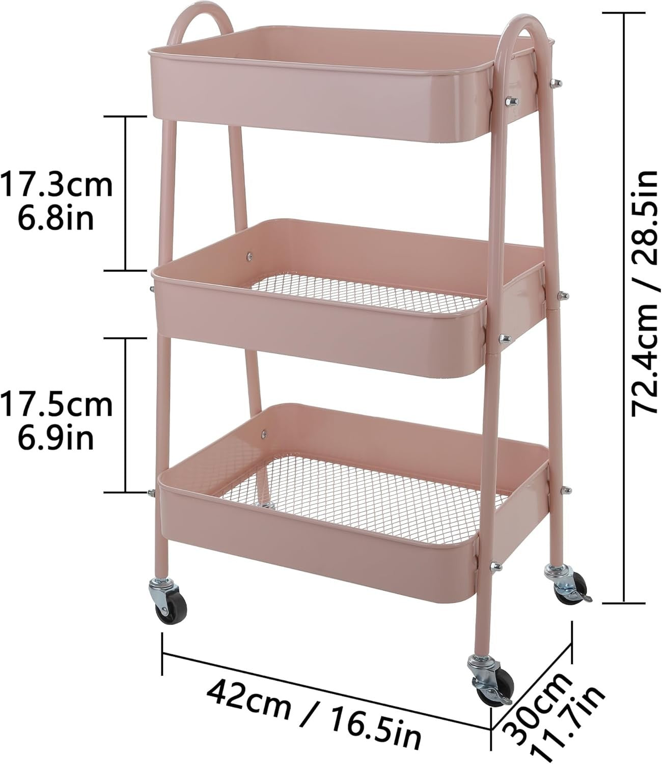 3 Tier Storage Trolley on Wheels Slim Metal Rolling Cart Lockable Castors