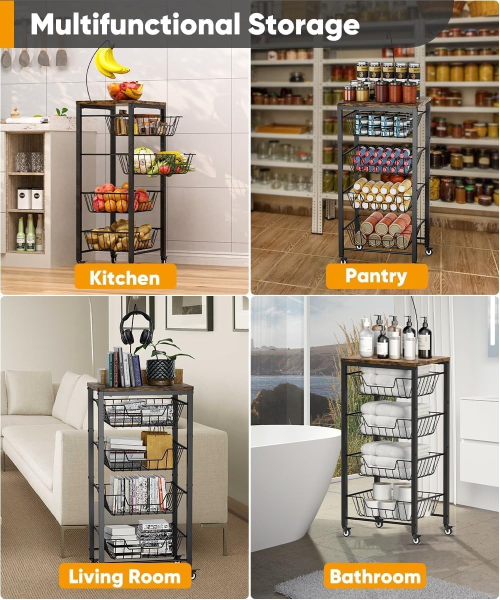 5 Tier Kitchen Storage Cart Pull Out Wire Baskets Fruit Vegetable Trolley