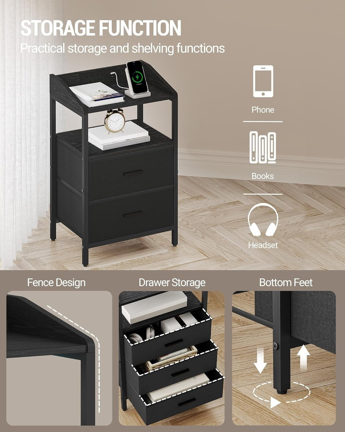 Black LED Bedside Table with USB Ports & 3 Drawers – Modern Nightstand