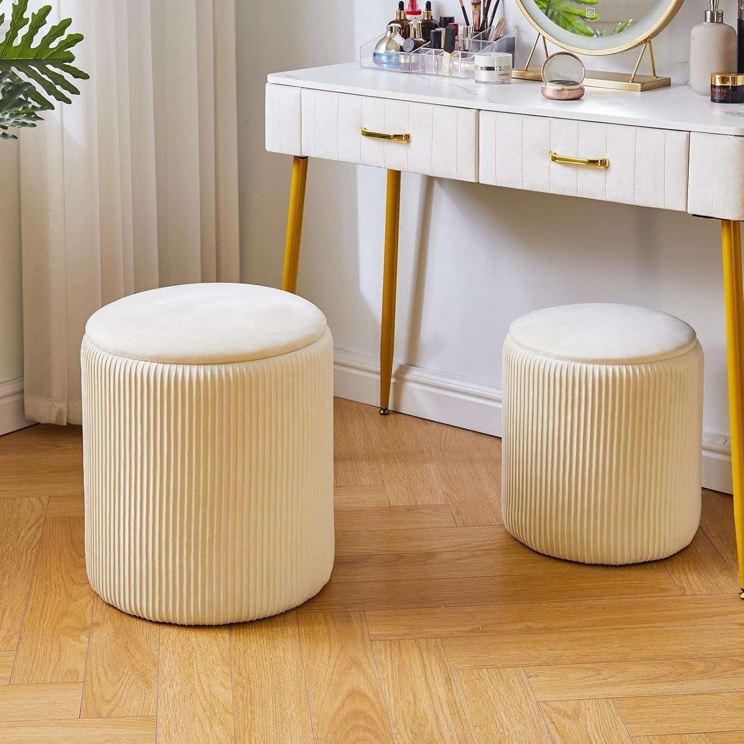 White Velvet Storage Ottoman Set of 2 – Round Vanity Stools & Side Tables