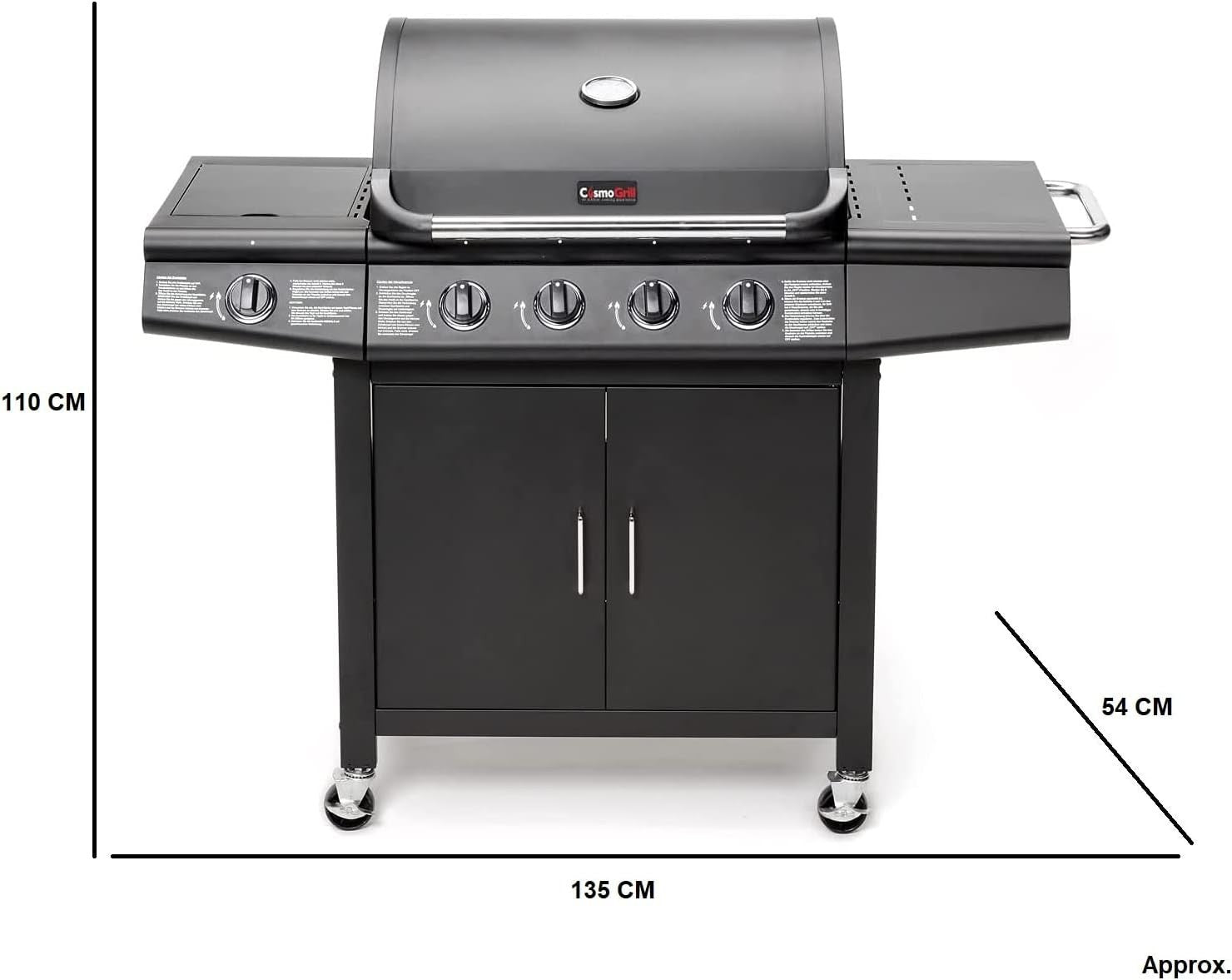 4+1 Gas BBQ Grill with Side Burner, 54x135x110cm, Storage Cabinet, Wheels, Cover