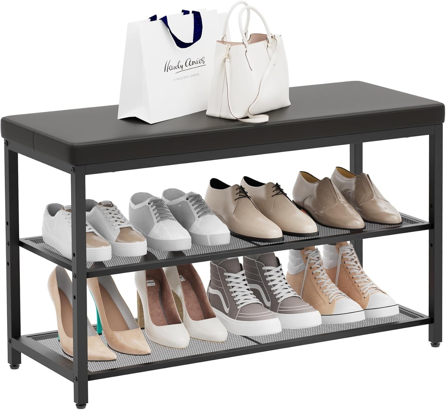 Black 3-Tier Shoe Bench with Padded Seat – Industrial Hallway Organizer Black