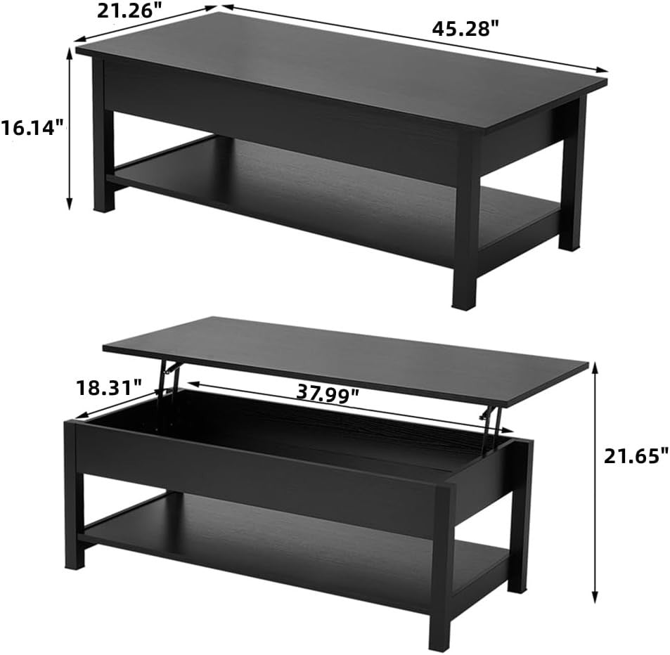 Lift-Up Top Coffee Table with Hidden Storage & Open Shelf, Black Wood