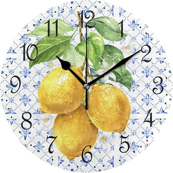 Mediterranean Lemon Wall Clock 25cm Rustic Kitchen Decor Silent Non-Ticking