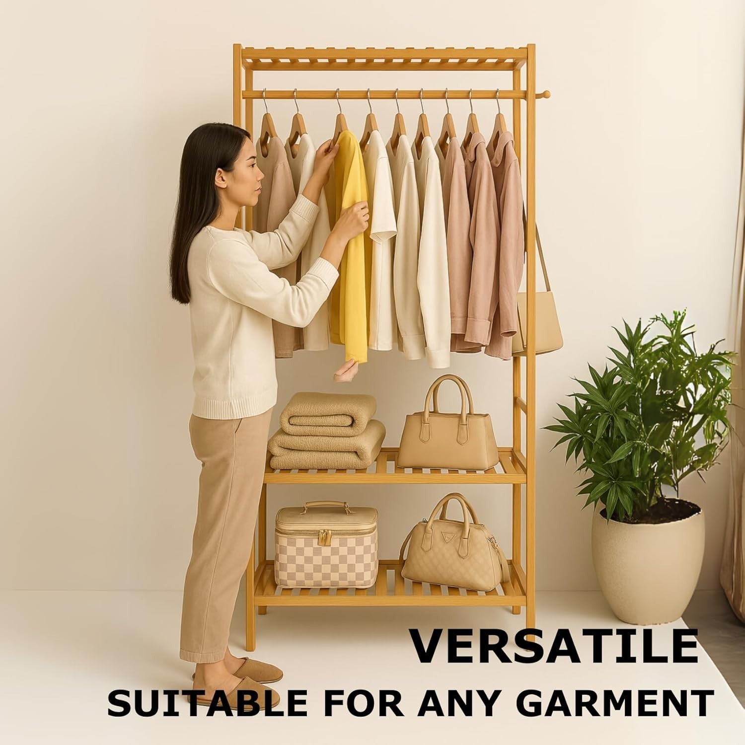 Wooden Clothes Rail Bamboo Garment Rack with Shelves