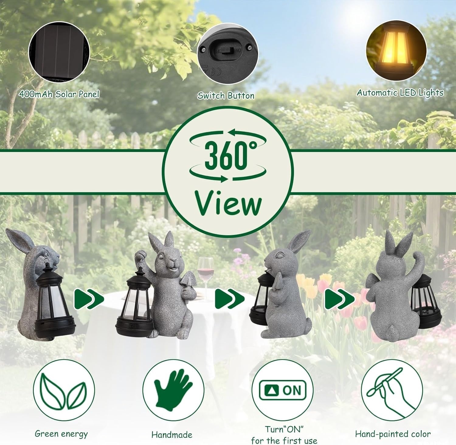 Solar Rabbit Garden Statue with LED Lantern | Outdoor Patio Yard Ornament Gift