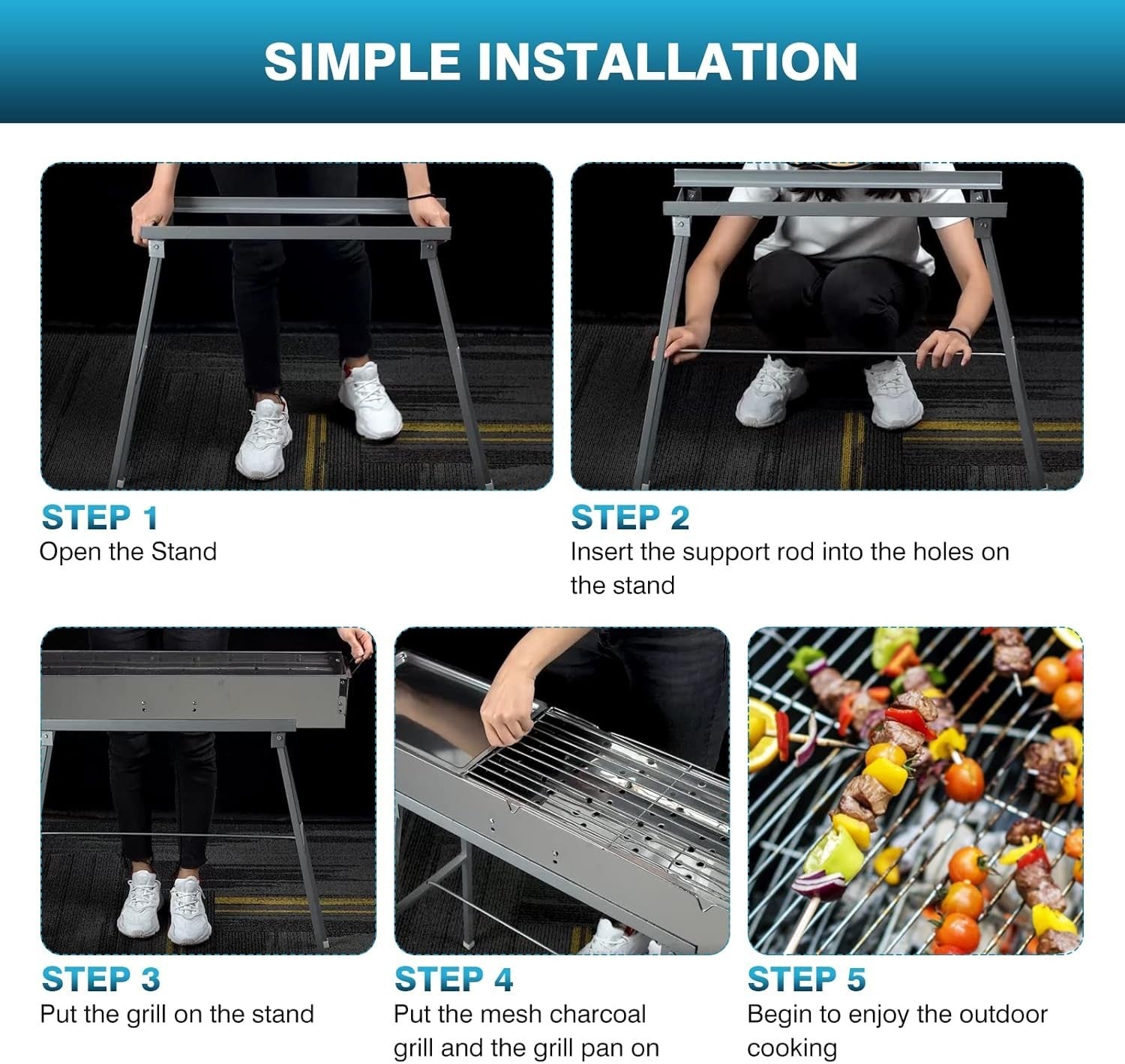Portable Stainless Steel Charcoal BBQ Grill Folding Stand + 25 Kebab Skewers