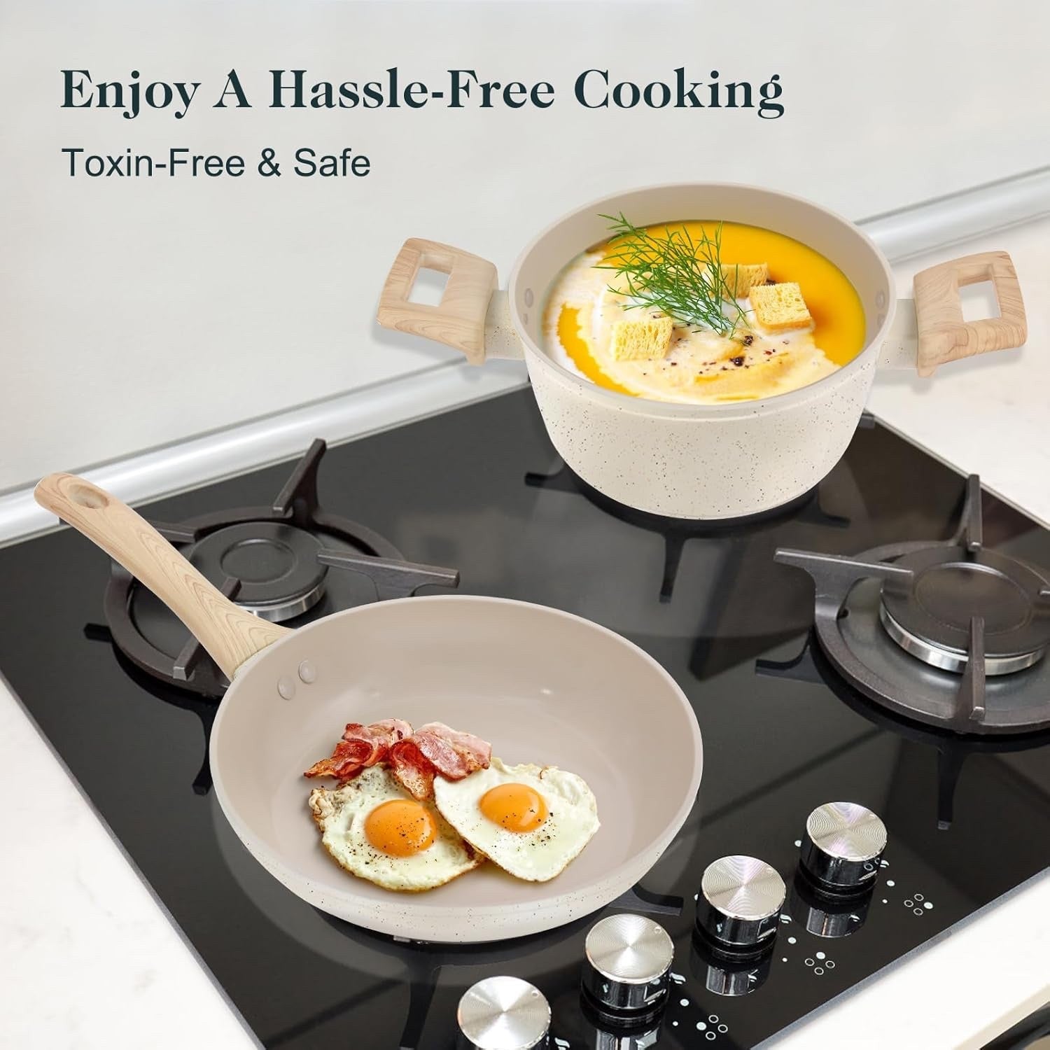 11Pcs Cream Ceramic Non Stick PFOA Free Induction Cookware Set with Lids