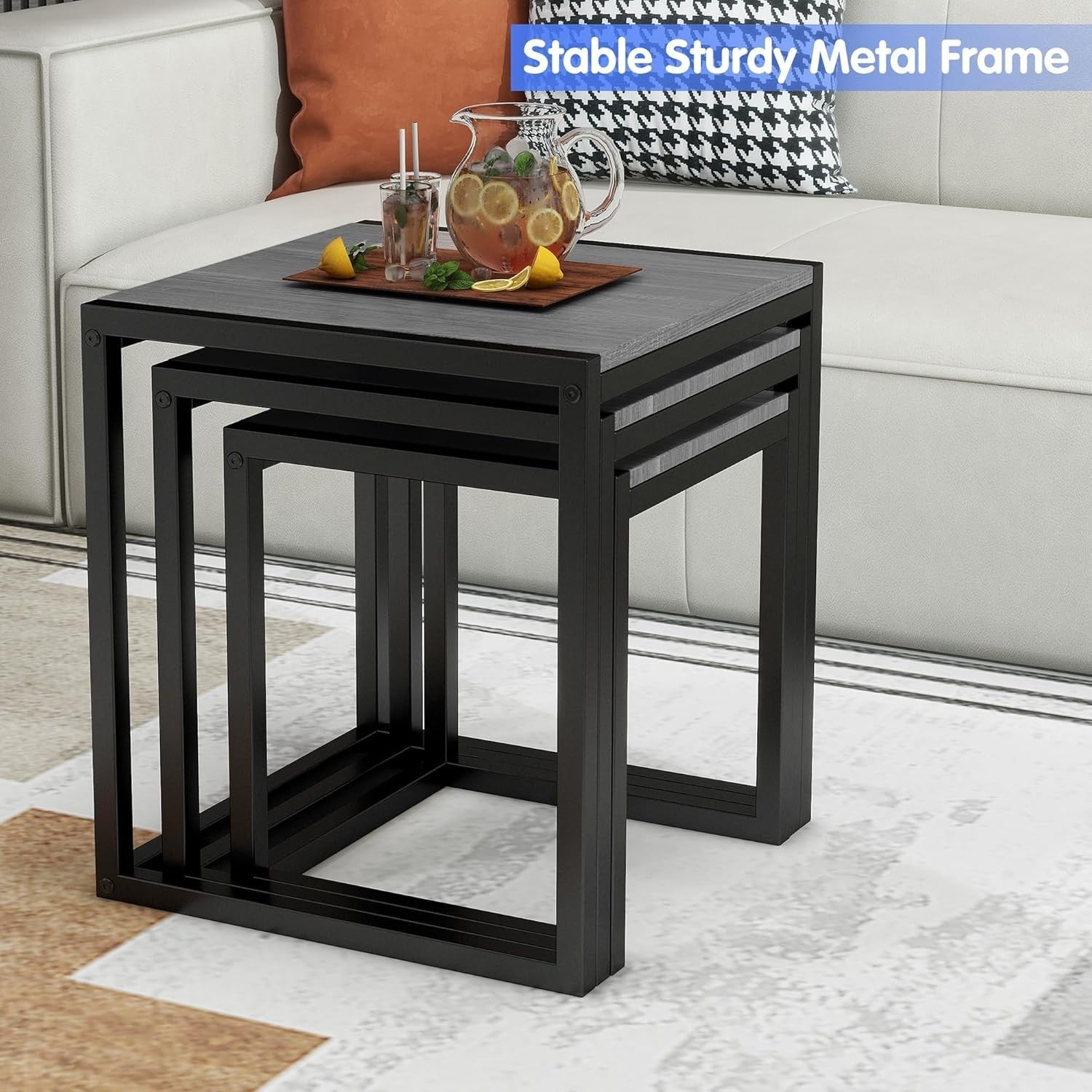 Set of 3 Grey Nesting Tables Wood Top Metal Legs Modern Living Room End