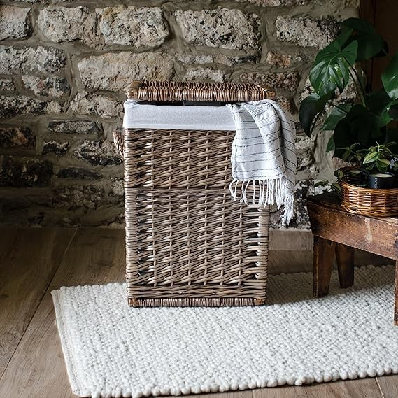 Large Wicker Laundry Basket with Lid & Removable Lining 40×28×60cm Light Grey