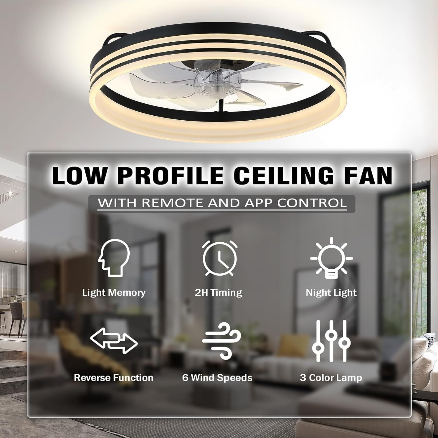 Bladeless Ceiling Fan with Light, 6 Speeds, Dimmable, 20" Black
