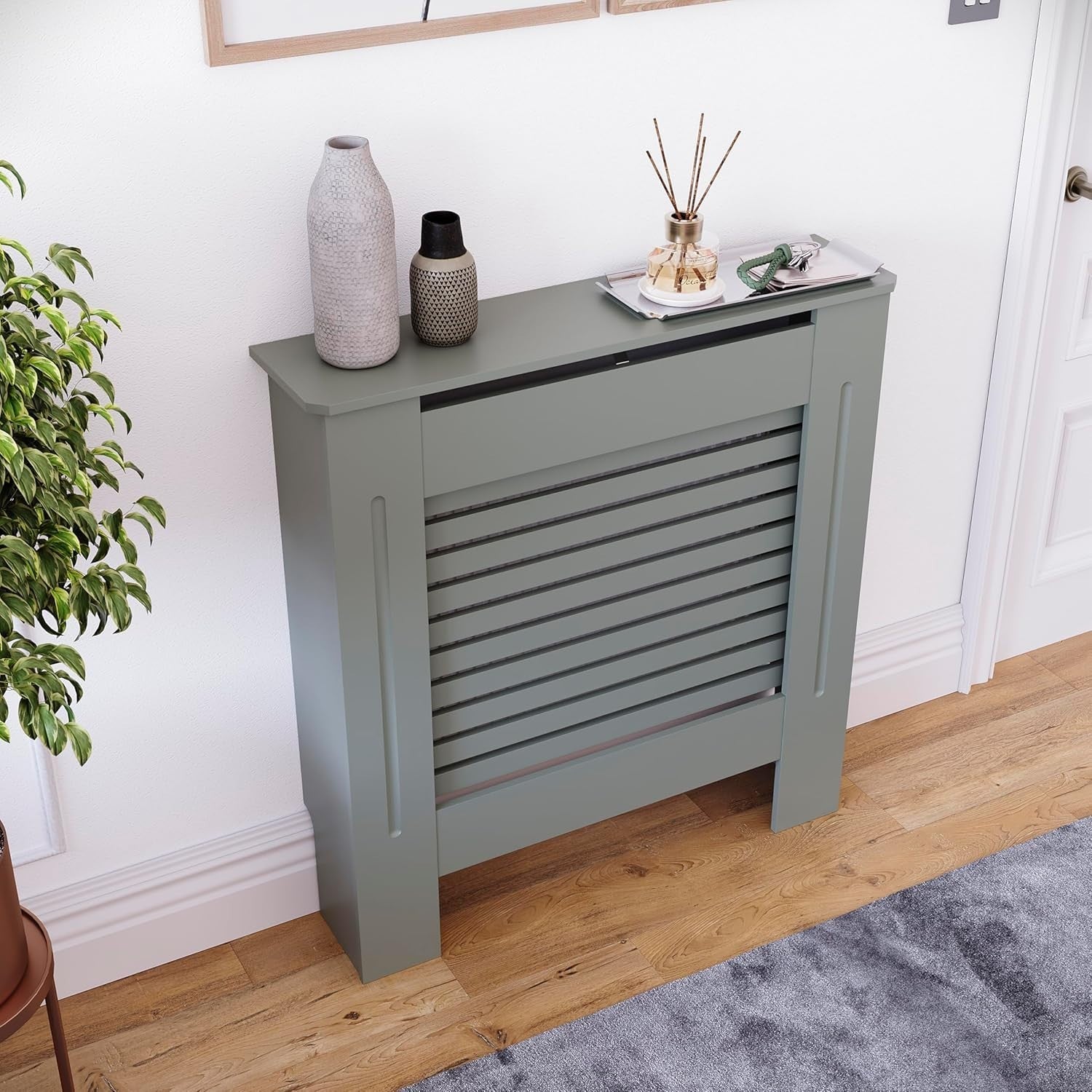Small Olive Grey Radiator Cover MDF Cabinet Modern Design 82x78x19cm