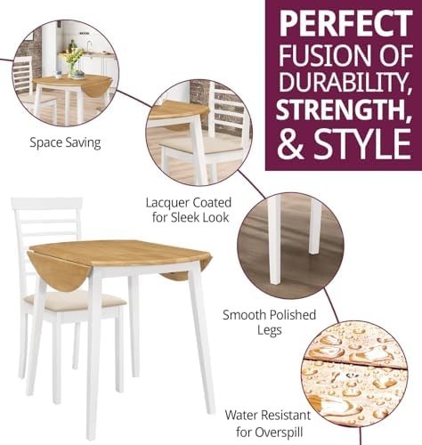 Small White Folding Dining Table Set Round Drop Leaf Table with 2 Chairs