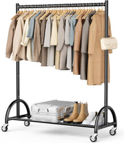 Heavy Duty Clothes Rail on Wheels with Shelf, Metal Rack Black