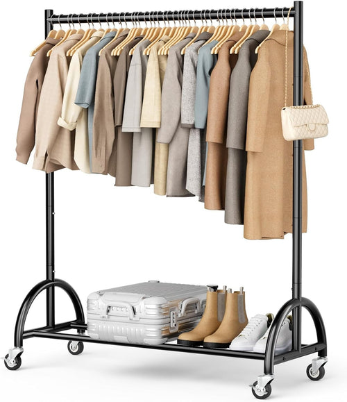 Heavy Duty Clothes Rail on Wheels with Shelf, Metal Rack Black