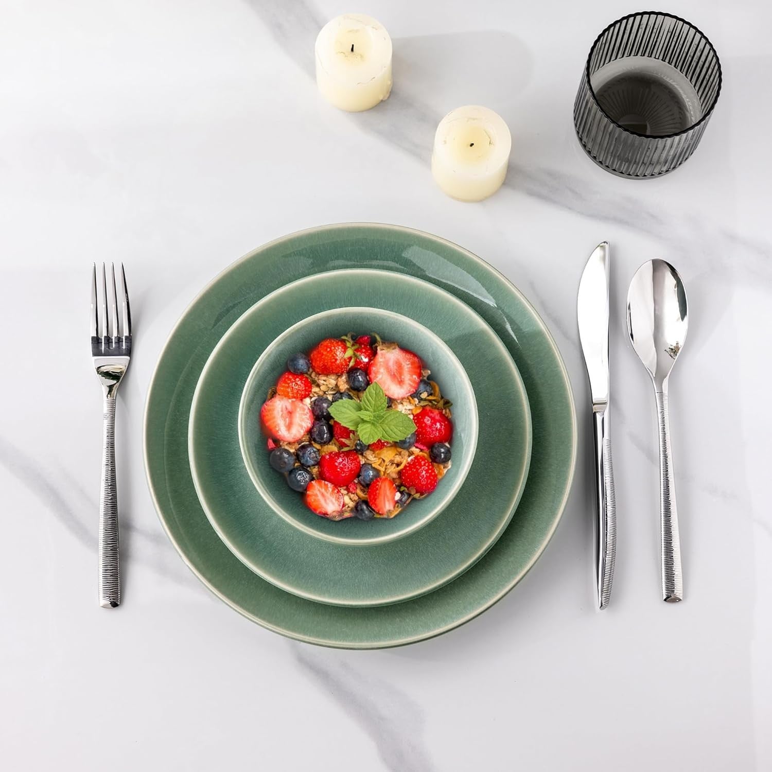 24 Piece Stoneware Dinner Set Plates Bowls Reactive Glaze Dishwasher Safe