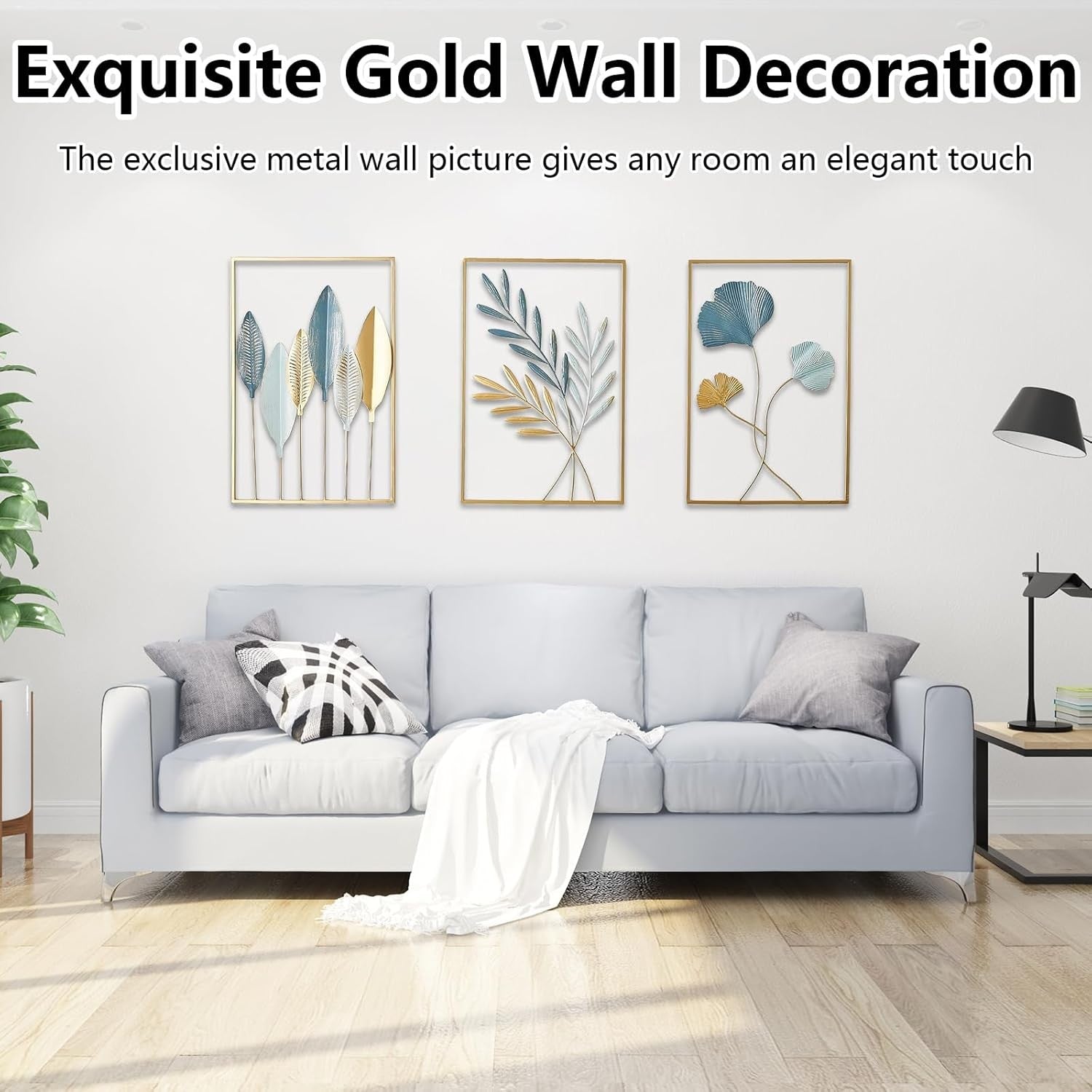 Gold Metal Leaf Wall Art Set 3Pcs Modern 30x40cm