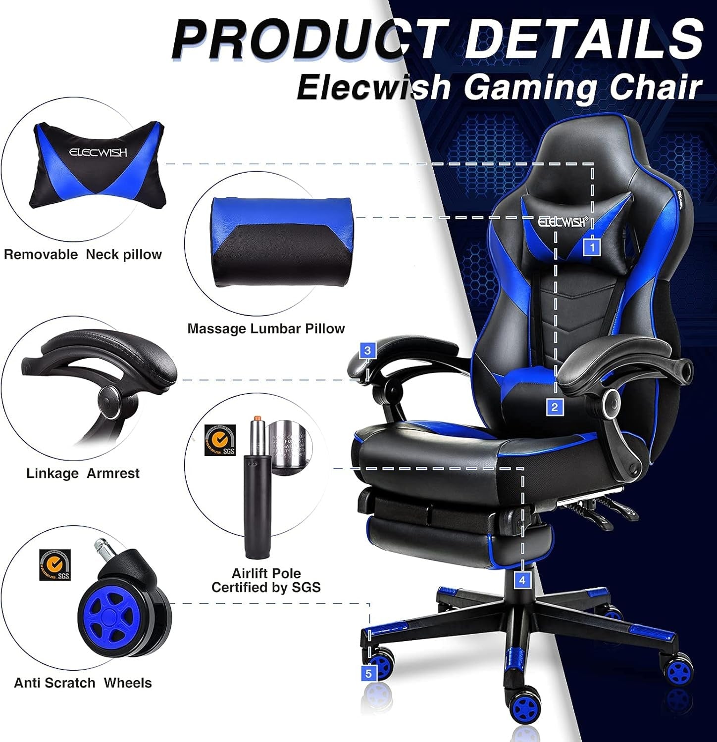 Racing Gaming Chair w/ Footrest Reclining PU Leather Black Blue
