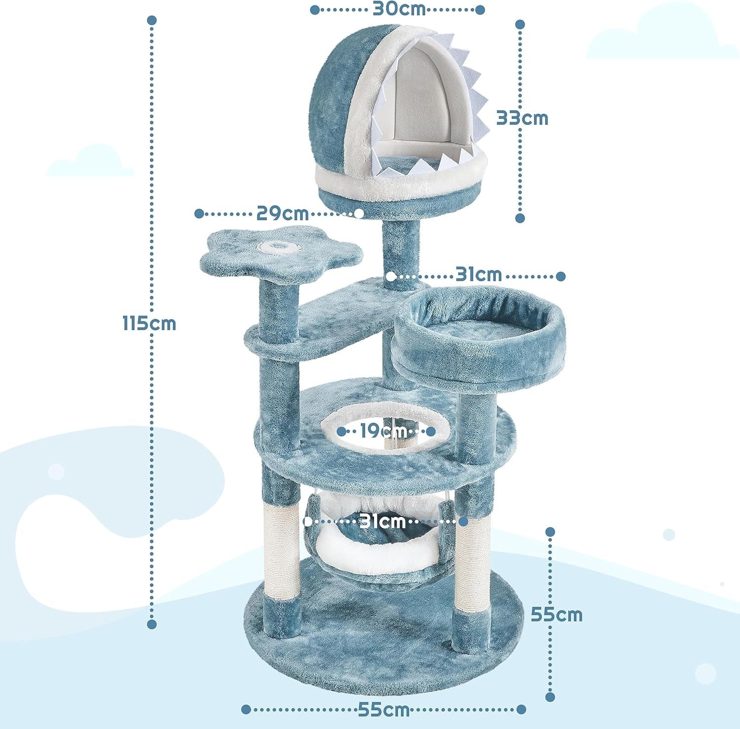 Ocean Blue Cat Tree Tower 115cm Multi Level Scratching Post Shark Nest Hammock