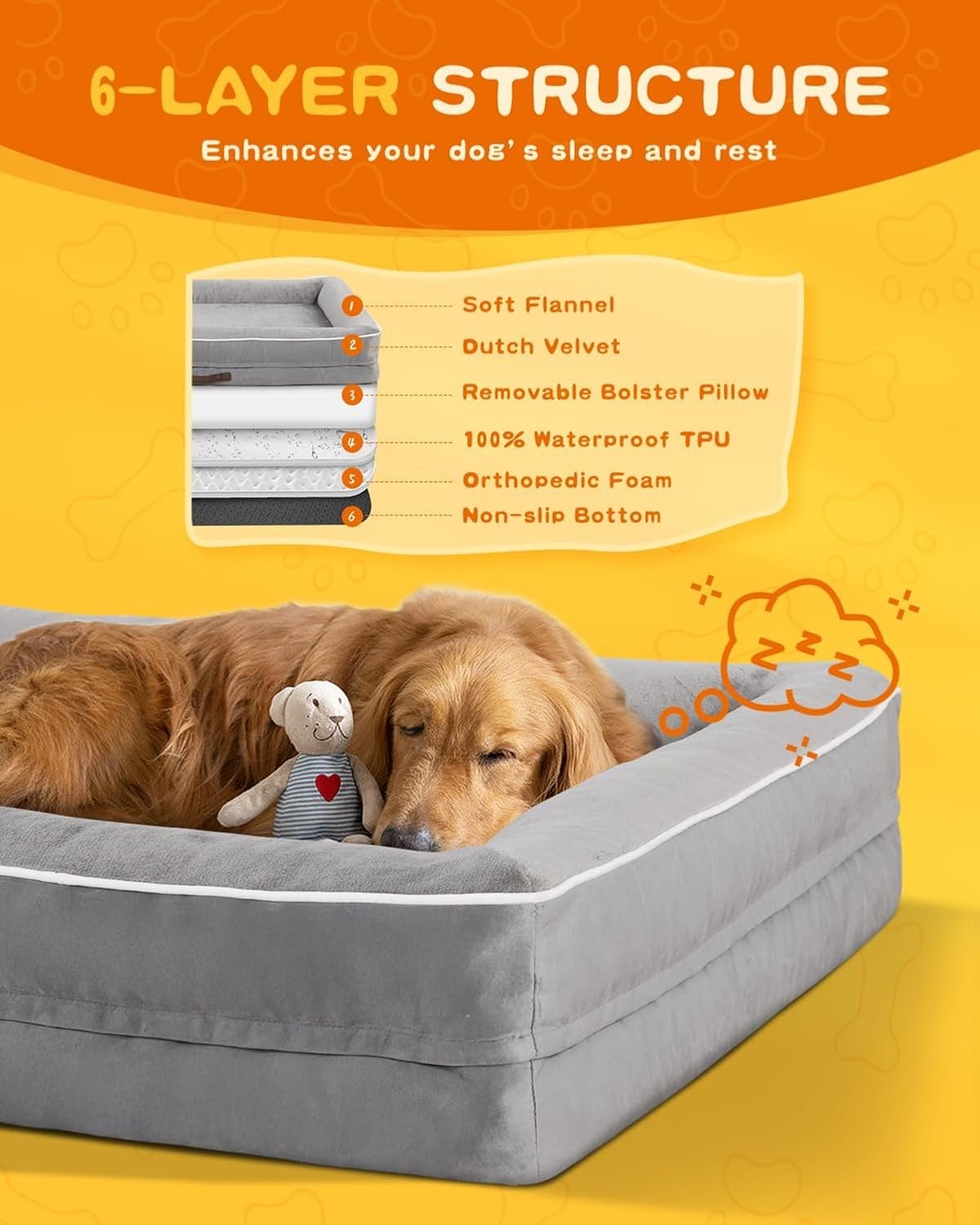 XXL Orthopedic Dog Bed Waterproof Washable Bolster 137x91cm