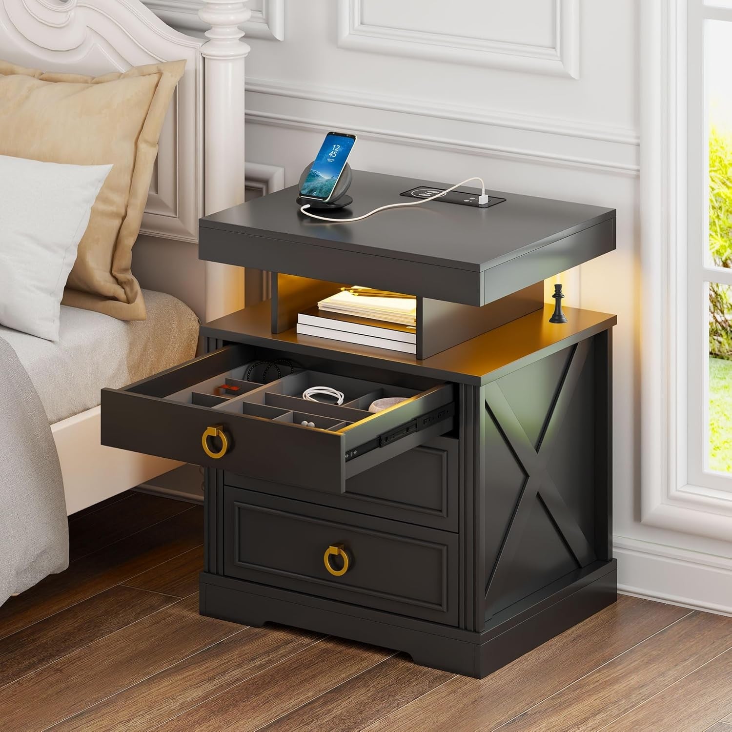 LED Bedside Tables Set of 2 with Hidden Drawer, Wireless Charging & Storage